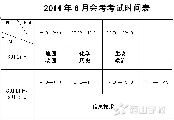 2014年6月会考考试时间表